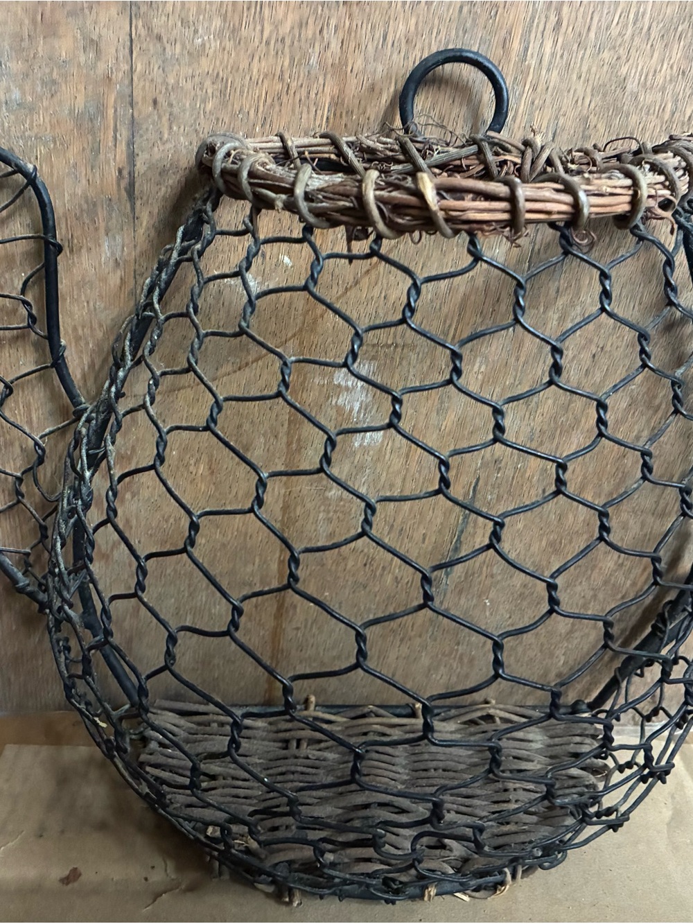 Rustic Wire and Wicker Hanging Basket - Black and Brown